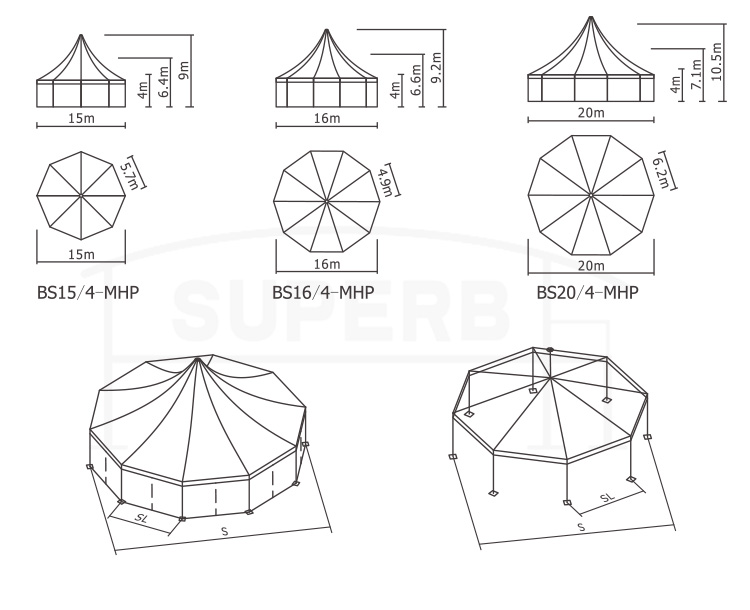 Multi-sided Tent with high peak top